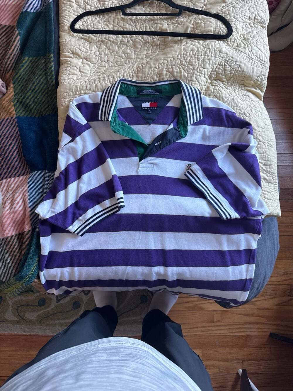 Vintage Tommy Hilfiger 90s Striped Rugby Polo Shirt Purple and White Men's Large